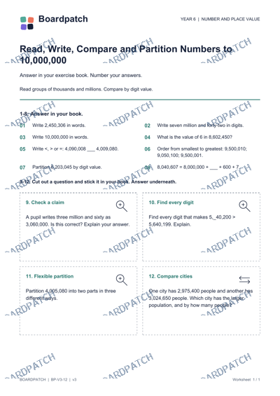 Worksheet preview: Read, Write, Compare and Partition Numbers to 10,000,000