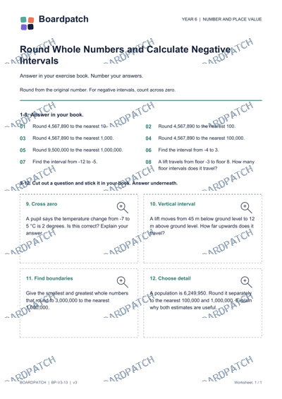Worksheet preview: Round Whole Numbers and Calculate Negative Intervals