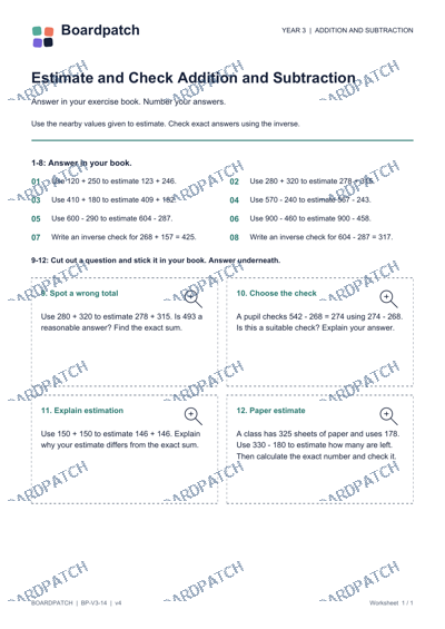 Worksheet preview: Estimate and Check Addition and Subtraction