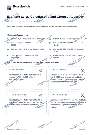 Worksheet preview: Estimate Large Calculations and Choose Accuracy