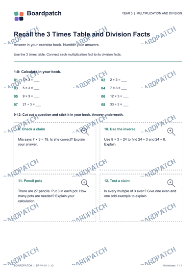 Worksheet preview: Recall the 3 Times Table and Division Facts