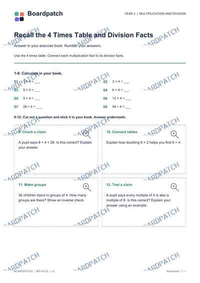 Worksheet preview: Recall the 4 Times Table and Division Facts