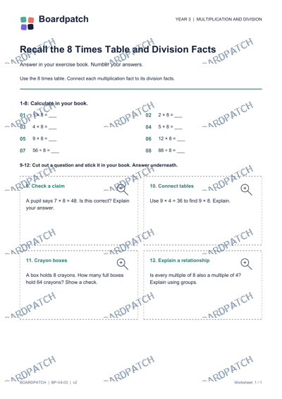 Worksheet preview: Recall the 8 Times Table and Division Facts