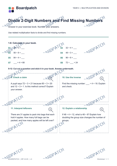 Worksheet preview: Divide 2-Digit Numbers and Find Missing Numbers