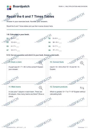 Worksheet preview: Recall the 6 and 7 Times Tables