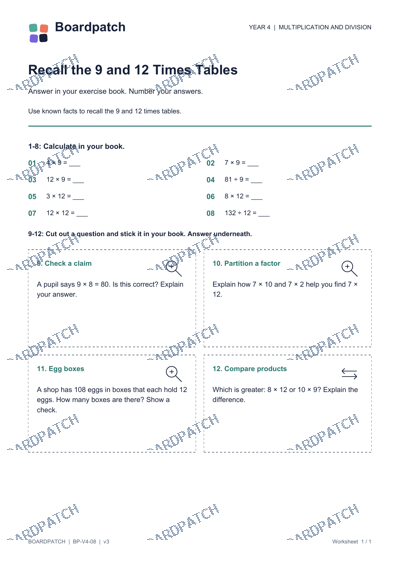 Worksheet preview: Recall the 9 and 12 Times Tables