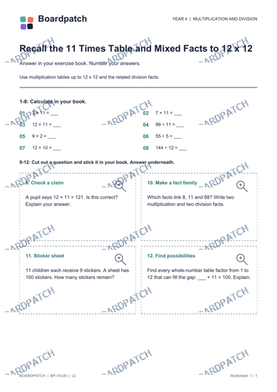 Worksheet preview: Recall the 11 Times Table and Mixed Facts to 12 x 12