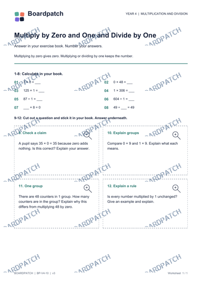 Worksheet preview: Multiply by Zero and One and Divide by One