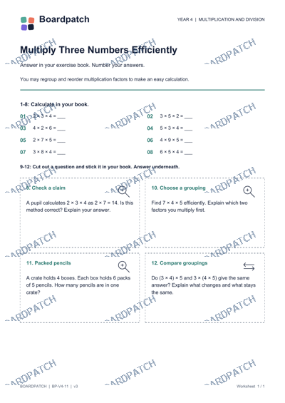 Worksheet preview: Multiply Three Numbers Efficiently
