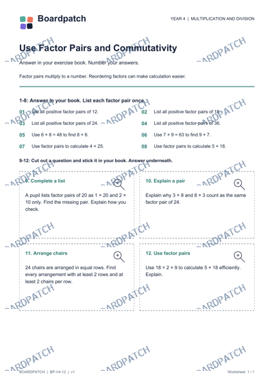 Worksheet preview: Use Factor Pairs and Commutativity