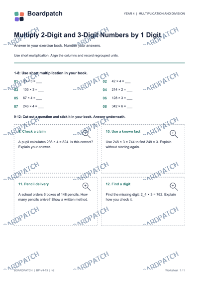 Worksheet preview: Multiply 2-Digit and 3-Digit Numbers by 1 Digit