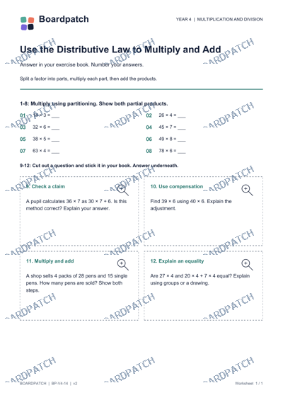 Worksheet preview: Use the Distributive Law to Multiply and Add
