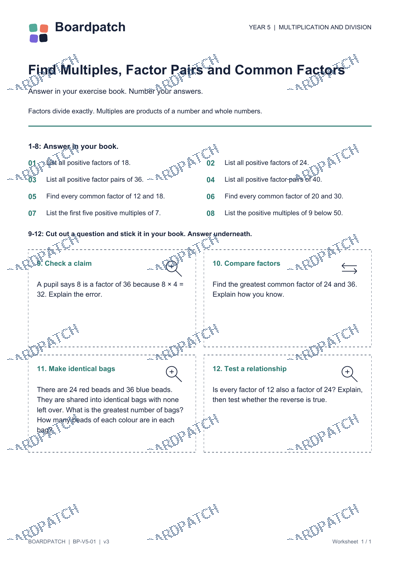 Worksheet preview: Find Multiples, Factor Pairs and Common Factors