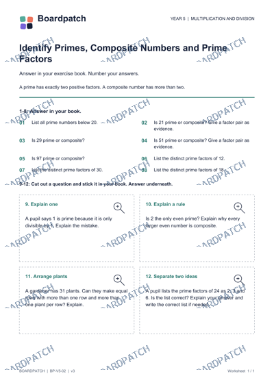 Worksheet preview: Identify Primes, Composite Numbers and Prime Factors