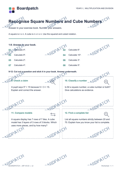 Worksheet preview: Recognise Square Numbers and Cube Numbers