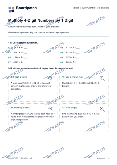 Worksheet preview: Multiply 4-Digit Numbers by 1 Digit
