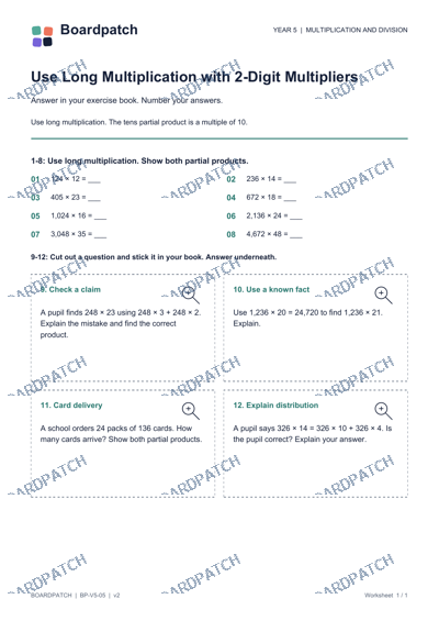 Worksheet preview: Use Long Multiplication with 2-Digit Multipliers