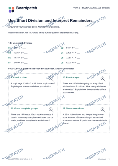 Worksheet preview: Use Short Division and Interpret Remainders
