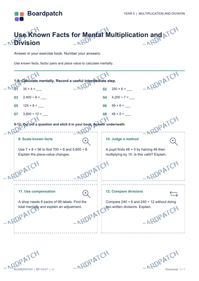 Worksheet preview: Use Known Facts for Mental Multiplication and Division