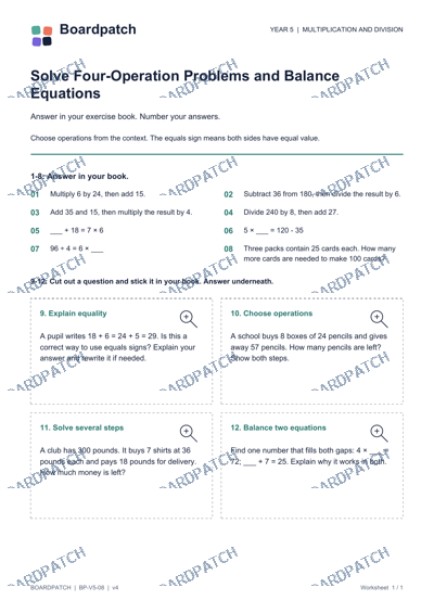 Worksheet preview: Solve Four-Operation Problems and Balance Equations