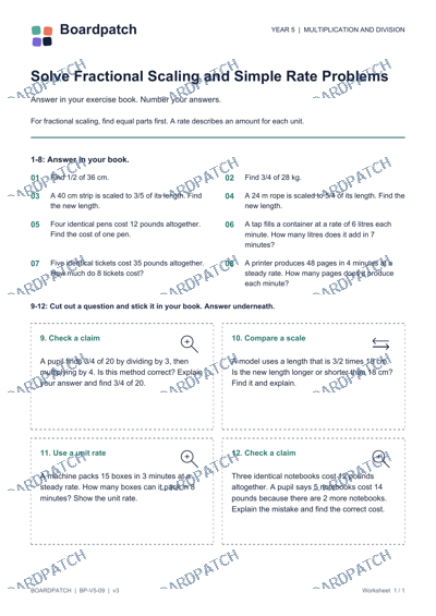 Worksheet preview: Solve Fractional Scaling and Simple Rate Problems