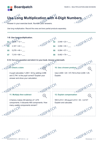Worksheet preview: Use Long Multiplication with 4-Digit Numbers