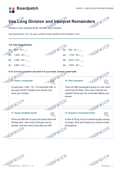 Worksheet preview: Use Long Division and Interpret Remainders