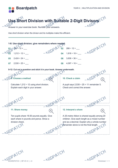 Worksheet preview: Use Short Division with Suitable 2-Digit Divisors