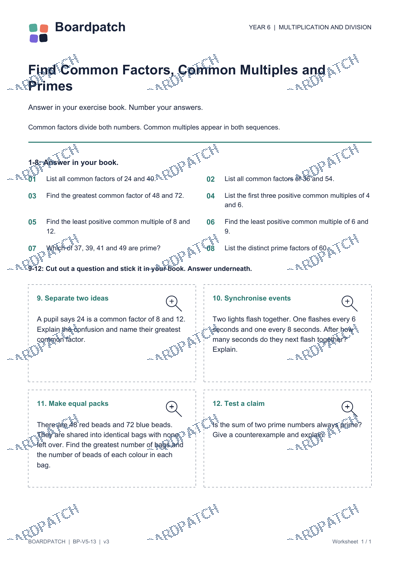 Worksheet preview: Find Common Factors, Common Multiples and Primes
