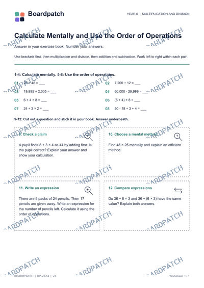 Worksheet preview: Calculate Mentally and Use the Order of Operations