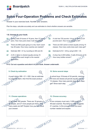 Worksheet preview: Solve Four-Operation Problems and Check Estimates