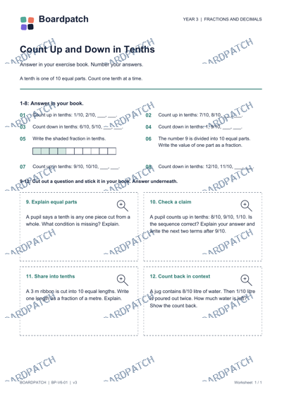 Worksheet preview: Count Up and Down in Tenths