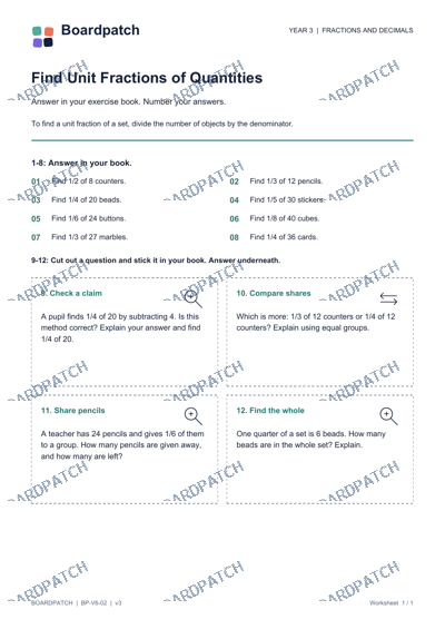 Worksheet preview: Find Unit Fractions of Quantities