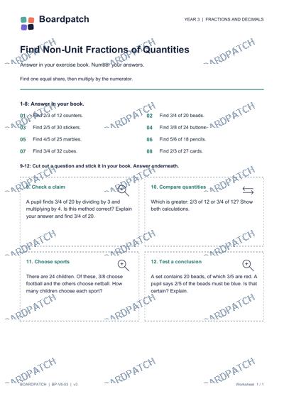 Worksheet preview: Find Non-Unit Fractions of Quantities