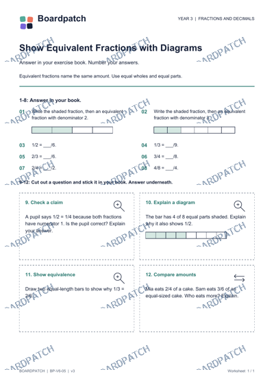 Worksheet preview: Show Equivalent Fractions with Diagrams