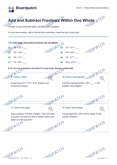 Worksheet preview: Add and Subtract Fractions Within One Whole