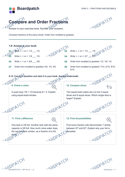 Worksheet preview: Compare and Order Fractions