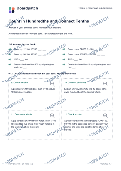 Worksheet preview: Count in Hundredths and Connect Tenths