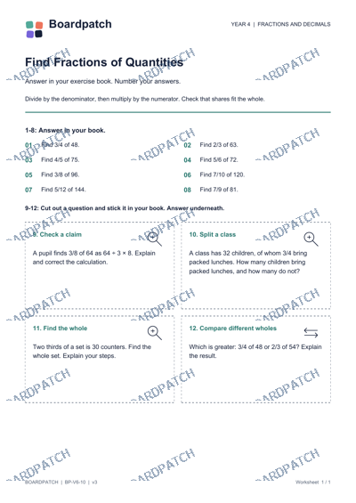 Worksheet preview: Find Fractions of Quantities