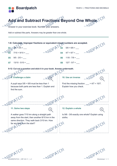 Worksheet preview: Add and Subtract Fractions Beyond One Whole