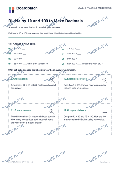 Worksheet preview: Divide by 10 and 100 to Make Decimals