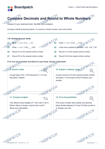 Worksheet preview: Compare Decimals and Round to Whole Numbers