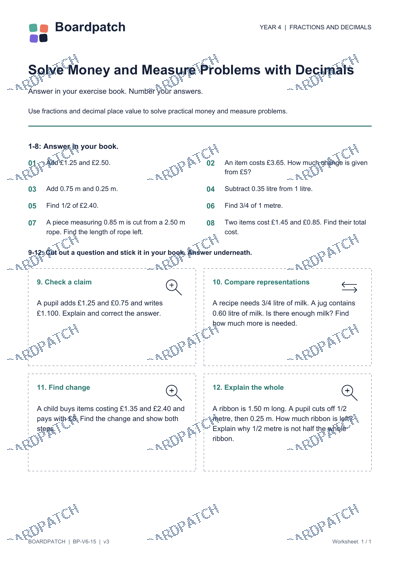 Worksheet preview: Solve Money and Measure Problems with Decimals
