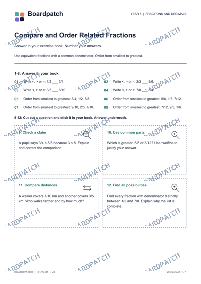 Worksheet preview: Compare and Order Related Fractions