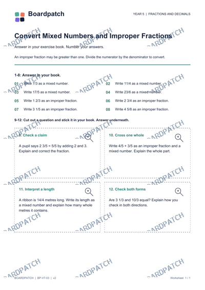 Worksheet preview: Convert Mixed Numbers and Improper Fractions