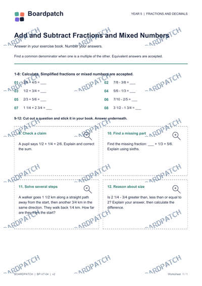 Worksheet preview: Add and Subtract Fractions and Mixed Numbers