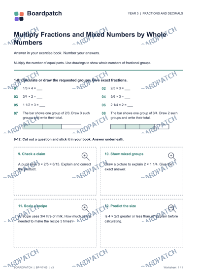 Worksheet preview: Multiply Fractions and Mixed Numbers by Whole Numbers