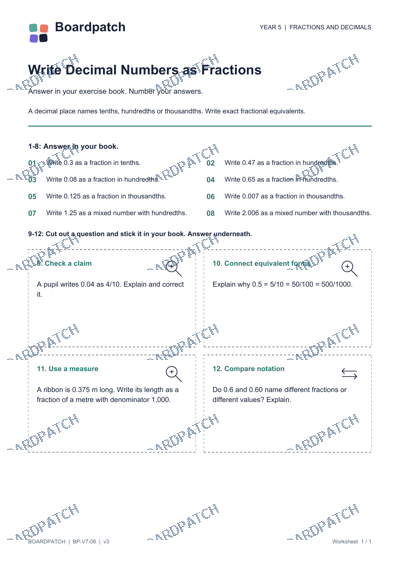 Worksheet preview: Write Decimal Numbers as Fractions