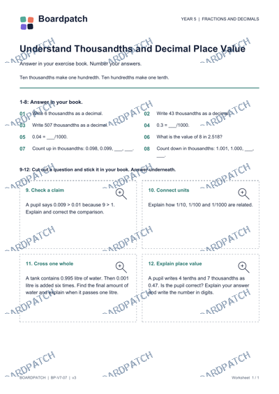 Worksheet preview: Understand Thousandths and Decimal Place Value