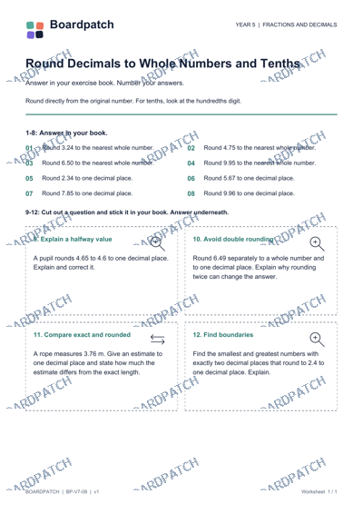 Worksheet preview: Round Decimals to Whole Numbers and Tenths